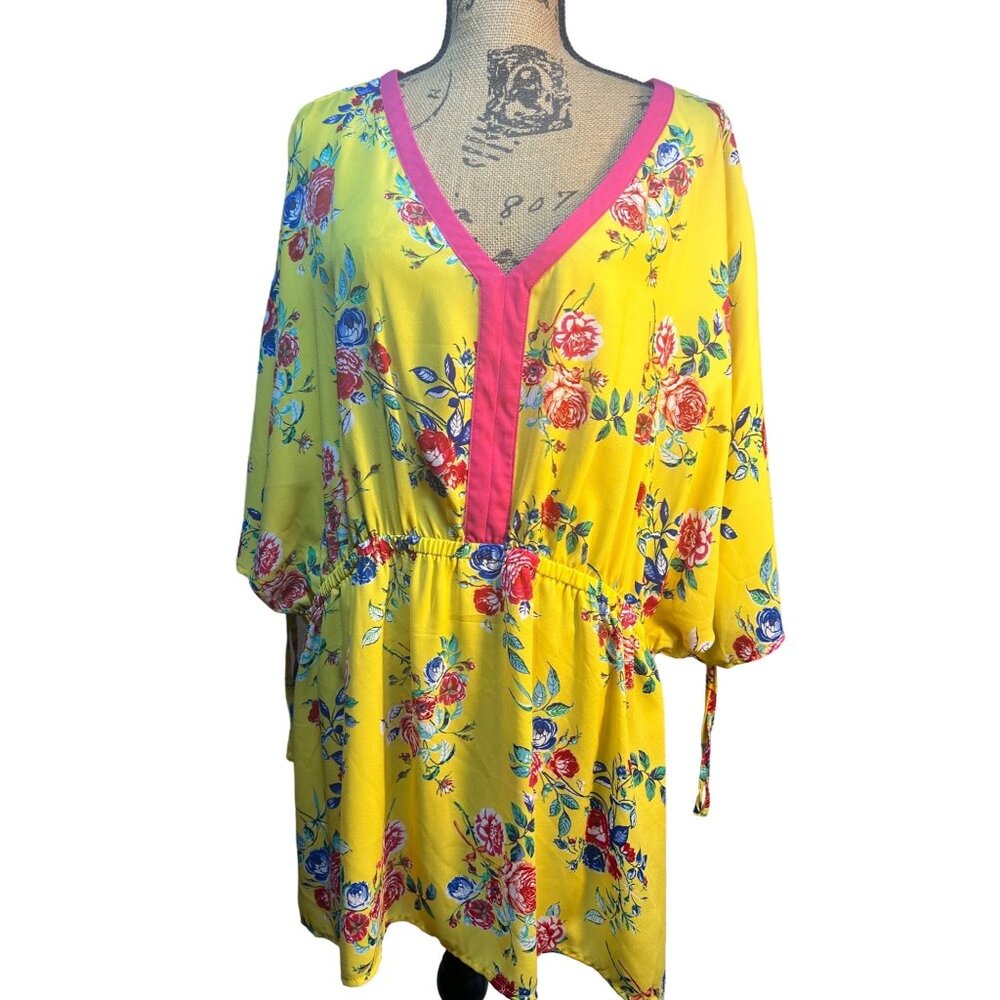 Tunic Top Sz 3XL The Pioneer Woman Floral Yellow Pink Trim Sheer Beachy Cottage